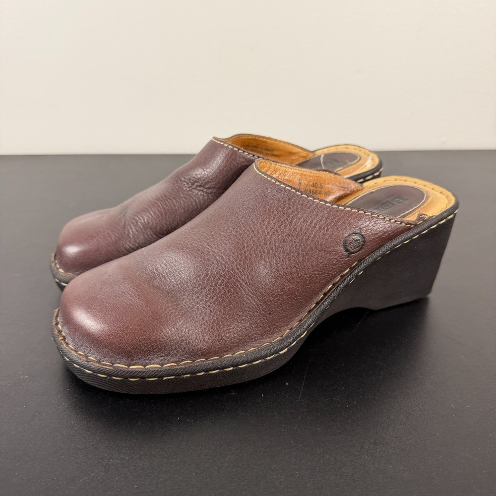 Born Platform Mule Clogs Women's 9M Brown Leather Wedge Heels Casual Slip On